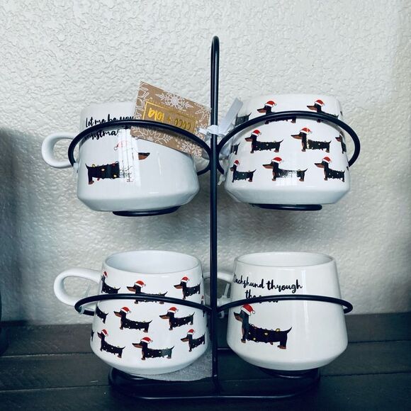 Christmas Dachshund Dog Ceramic Mugs Caddy Holiday Gift Set - Picture 4 of 5